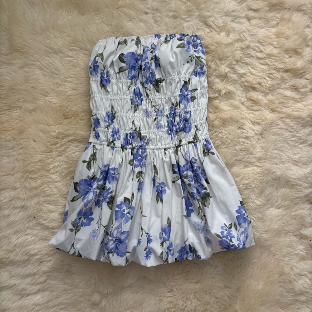 Hollister White Strapless Dress with Blue Floral Pattern